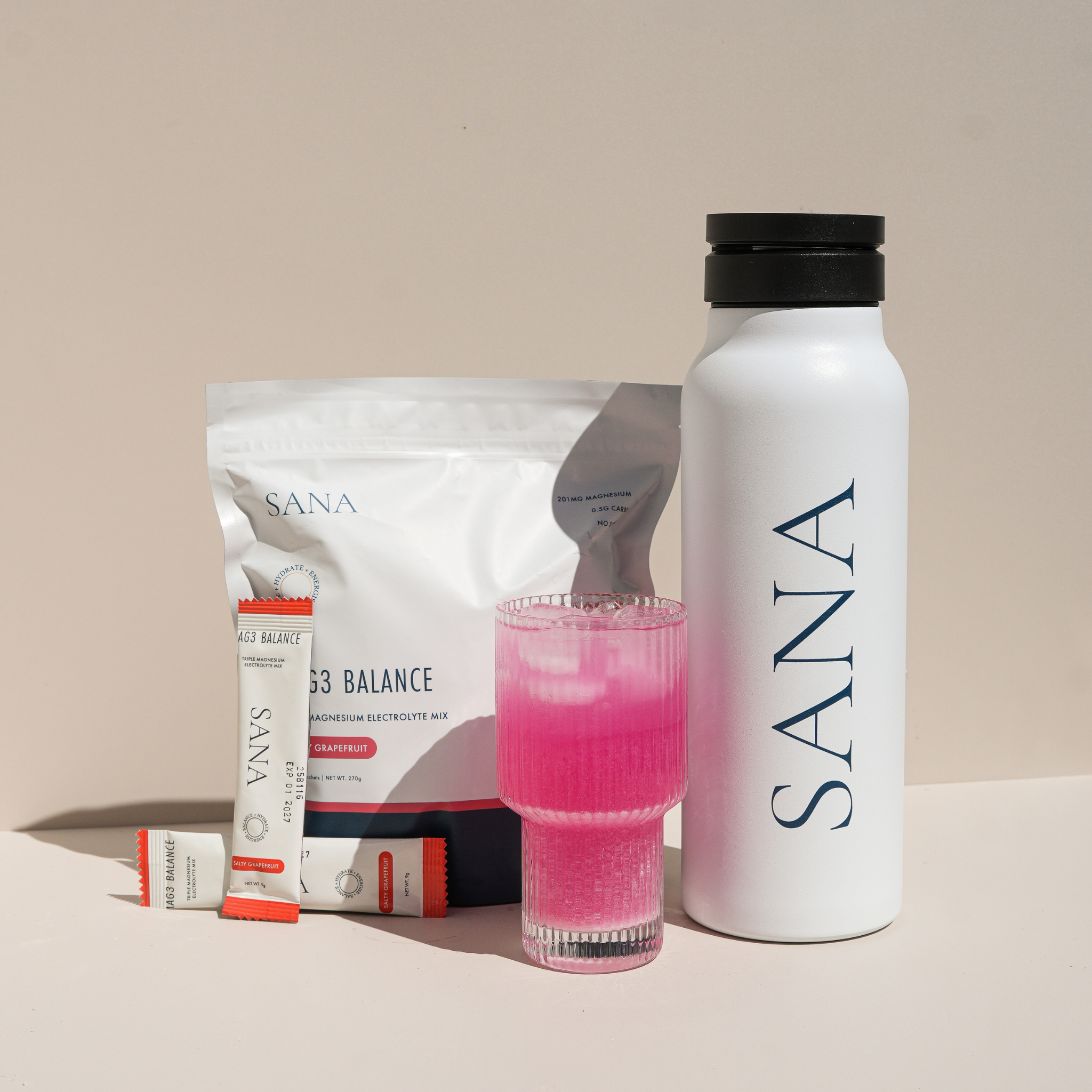 Replenish, Restore, Rebalance Bundle: SANA Mag3 Balance Electrolytes & MagSafe Water Bottle