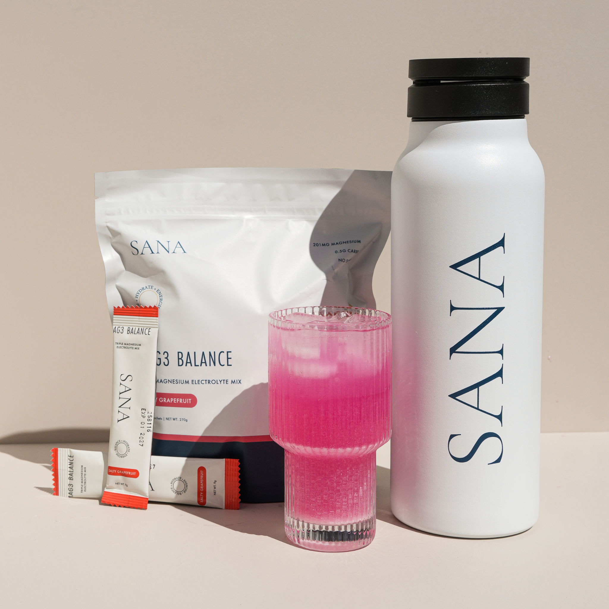 Replenish, Restore, Rebalance Bundle: SANA Mag3 Balance Electrolytes & MagSafe Water Bottle