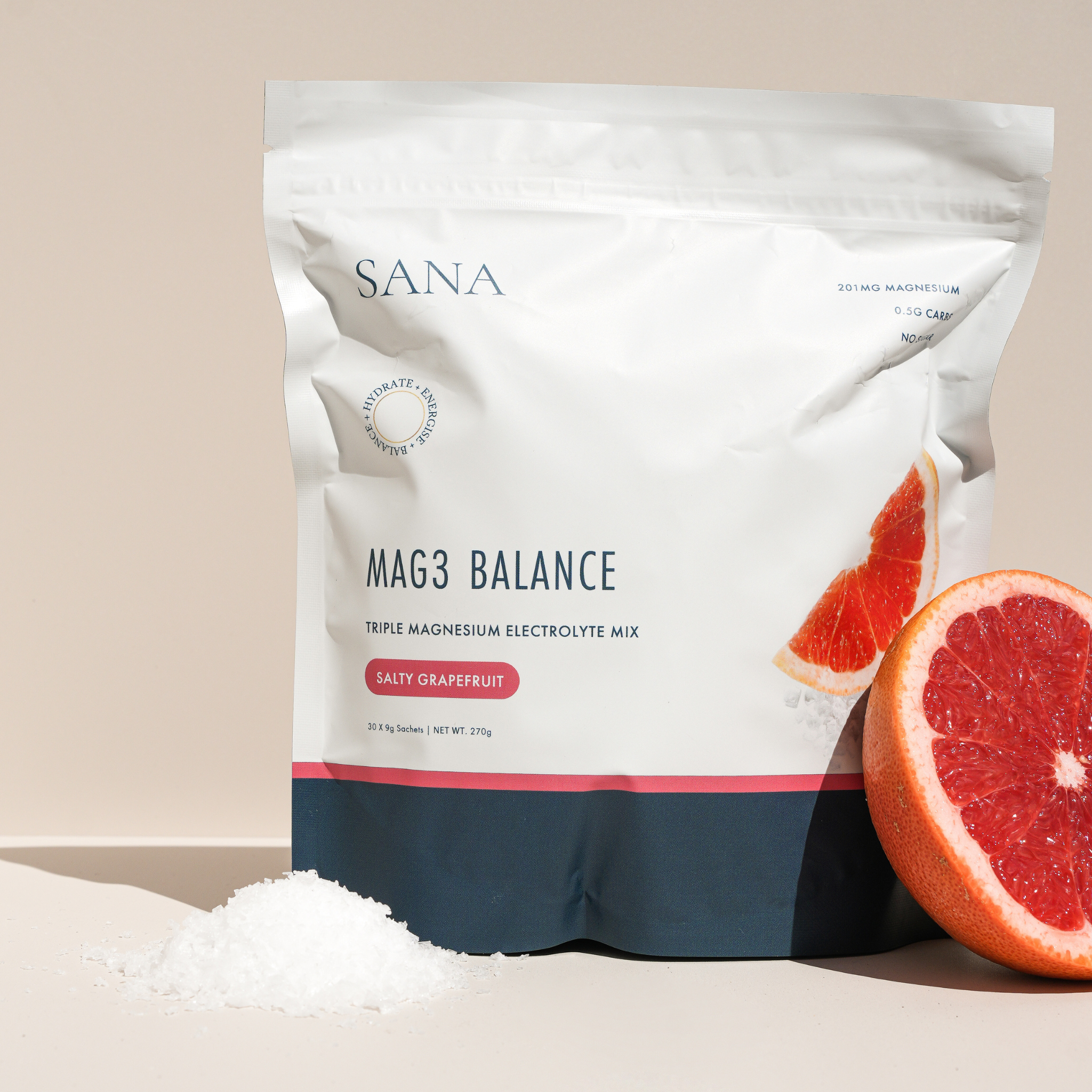 SANRAE (Formerly SANA) Mag3 Balance Triple Magnesium Electrolyte Mix | Salty Grapefruit (30 x 9g sachets)
